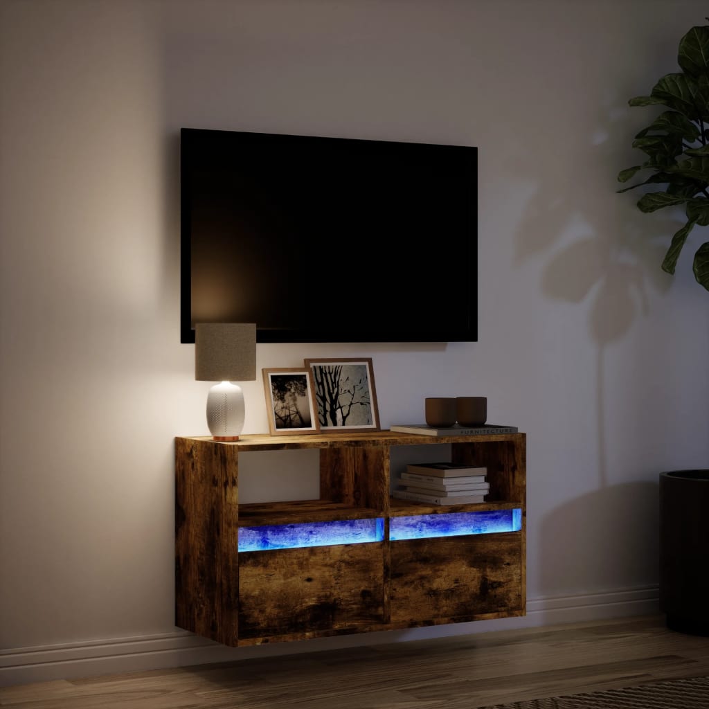 Tv-wandmeubel met LED-verlichting 80x31x45 cm gerookt eiken is nu te koop bij PeponiXL, paradijselijk wonen!