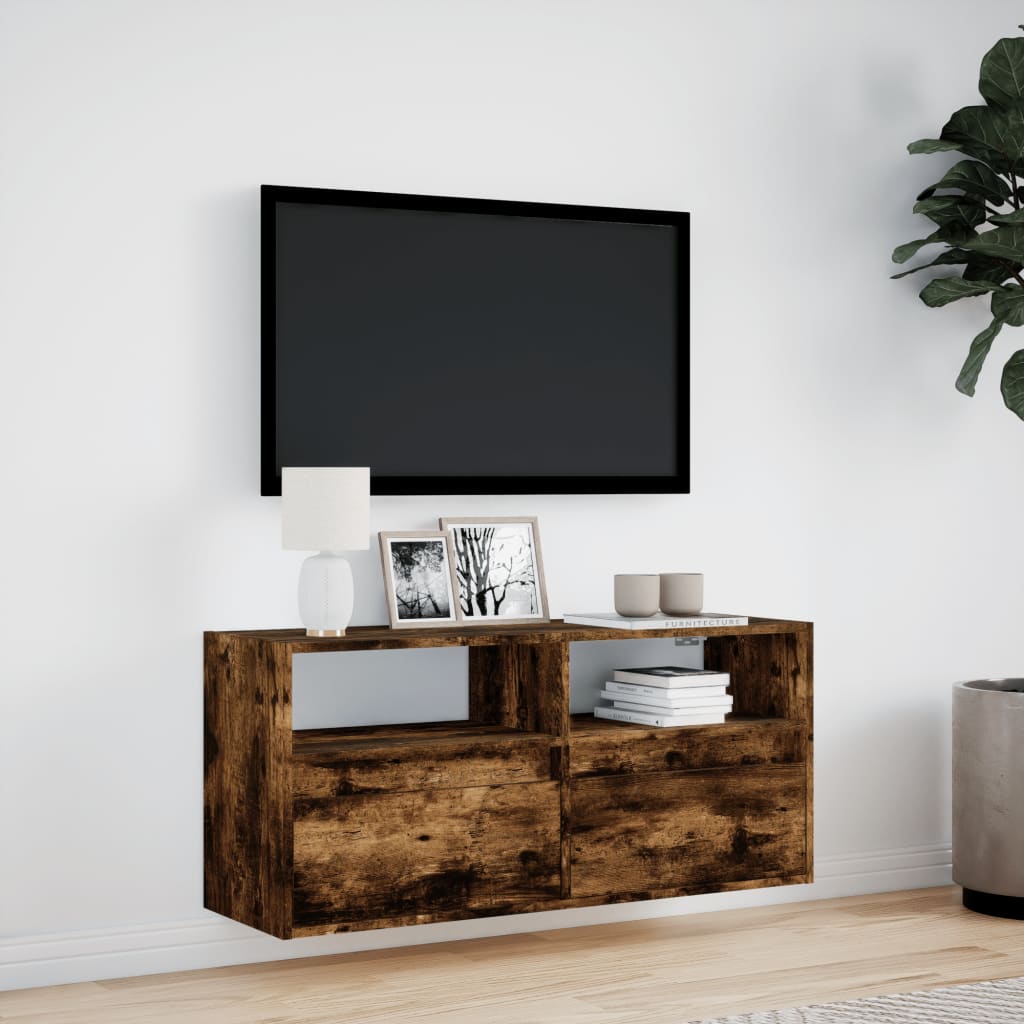Tv-wandmeubel met LED-verlichting 100x31x45 cm gerookt eiken is nu te koop bij PeponiXL, paradijselijk wonen!