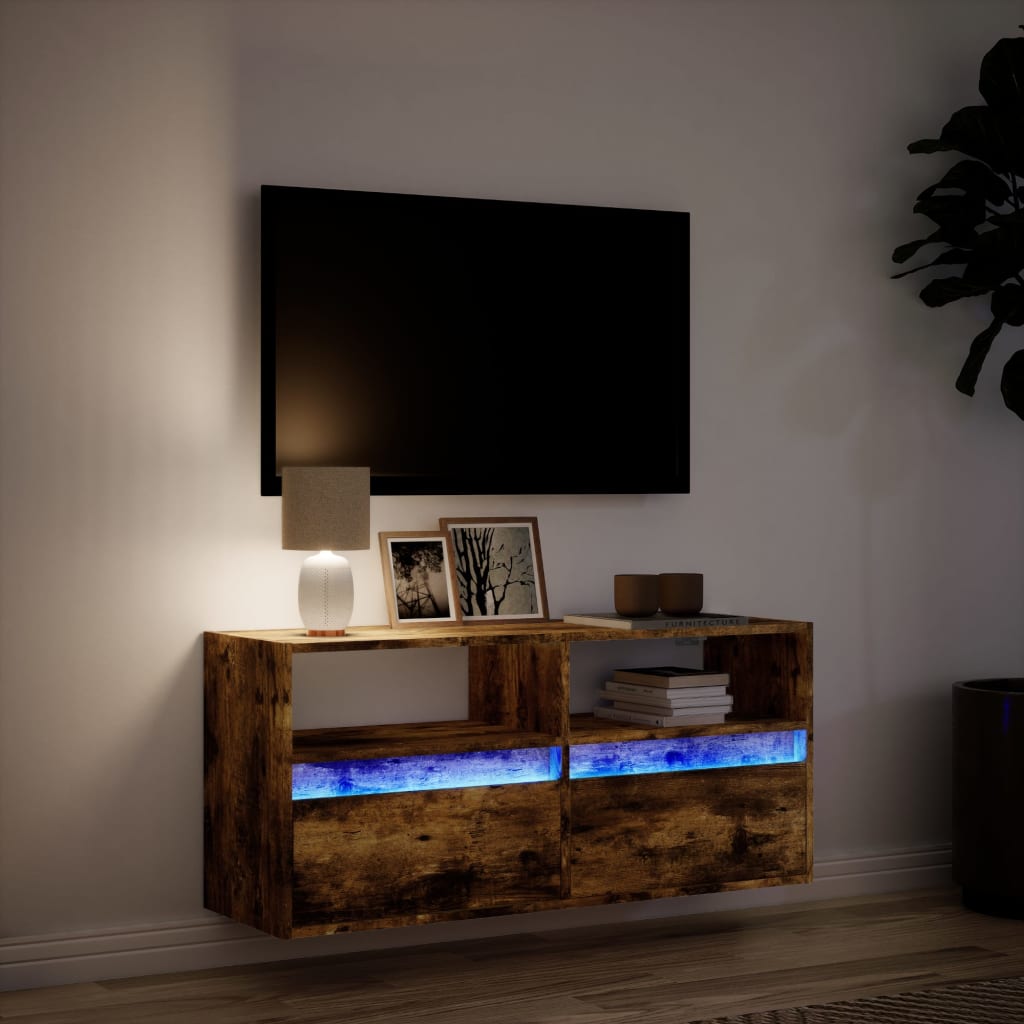 Tv-wandmeubel met LED-verlichting 100x31x45 cm gerookt eiken is nu te koop bij PeponiXL, paradijselijk wonen!