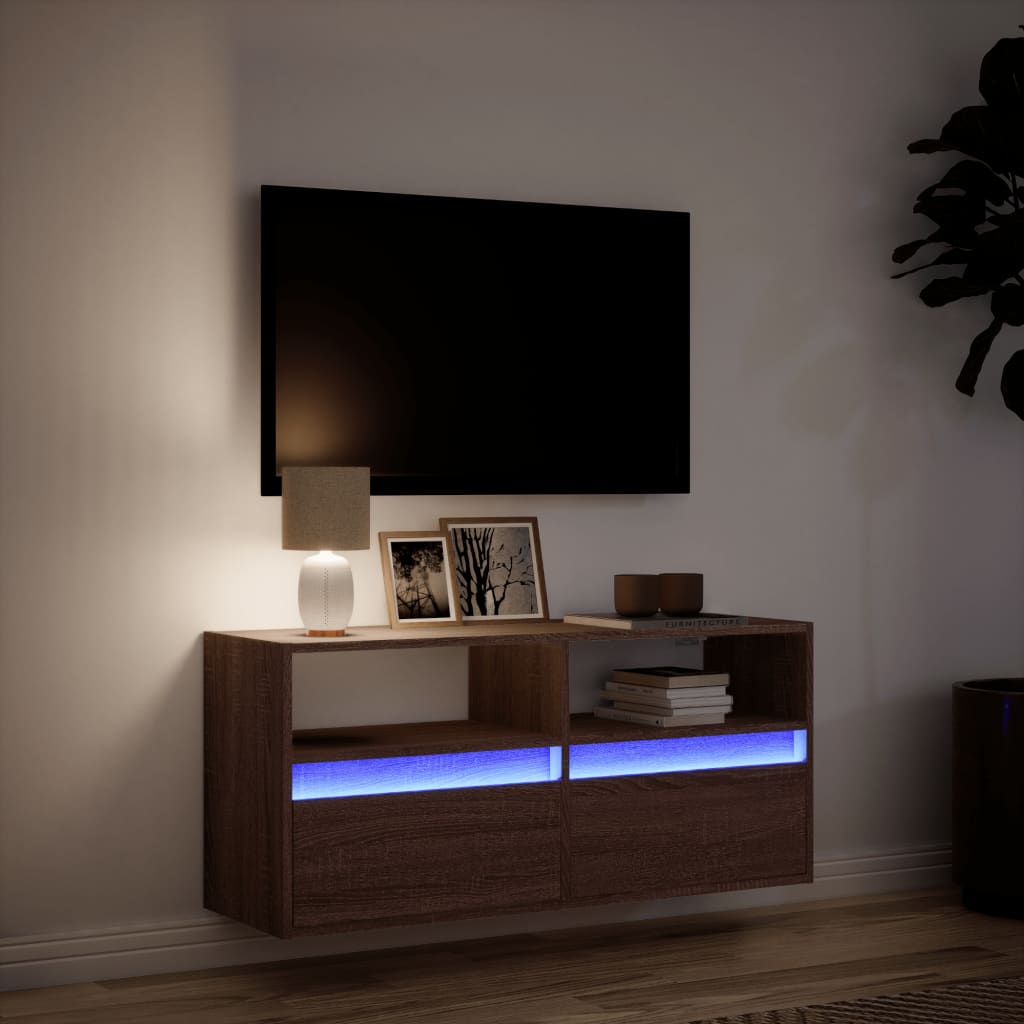 Tv-wandmeubel met LED-verlichting 100x31x45 cm bruin eikenkleur is nu te koop bij PeponiXL, paradijselijk wonen!