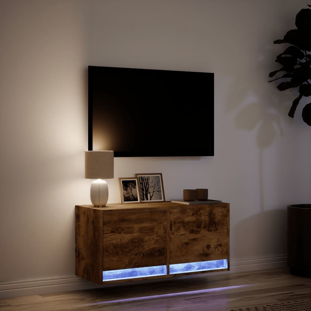 Tv-wandmeubel met LED-verlichting 80x31x35 cm gerookt eiken is nu te koop bij PeponiXL, paradijselijk wonen!