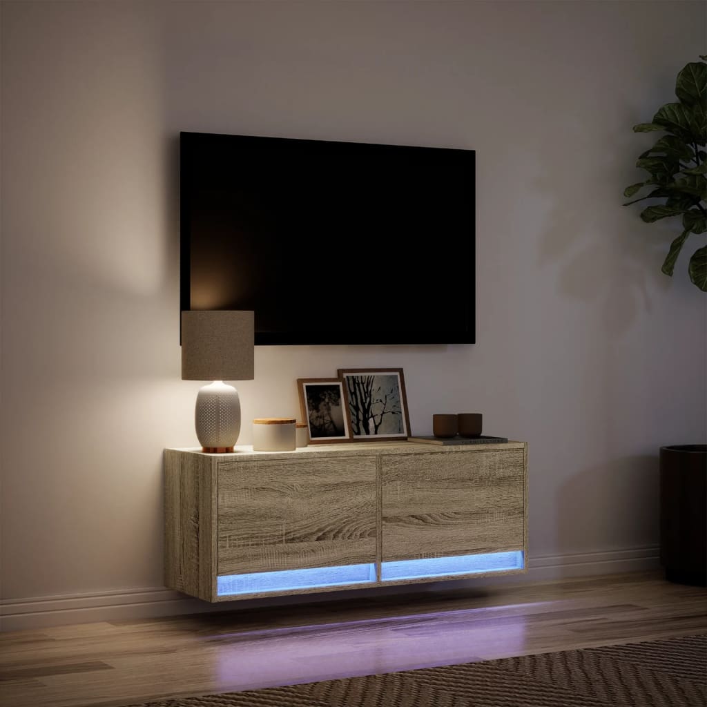 Tv-wandmeubel met LED-verlichting 100x31x35 cm sonoma eiken is nu te koop bij PeponiXL, paradijselijk wonen!