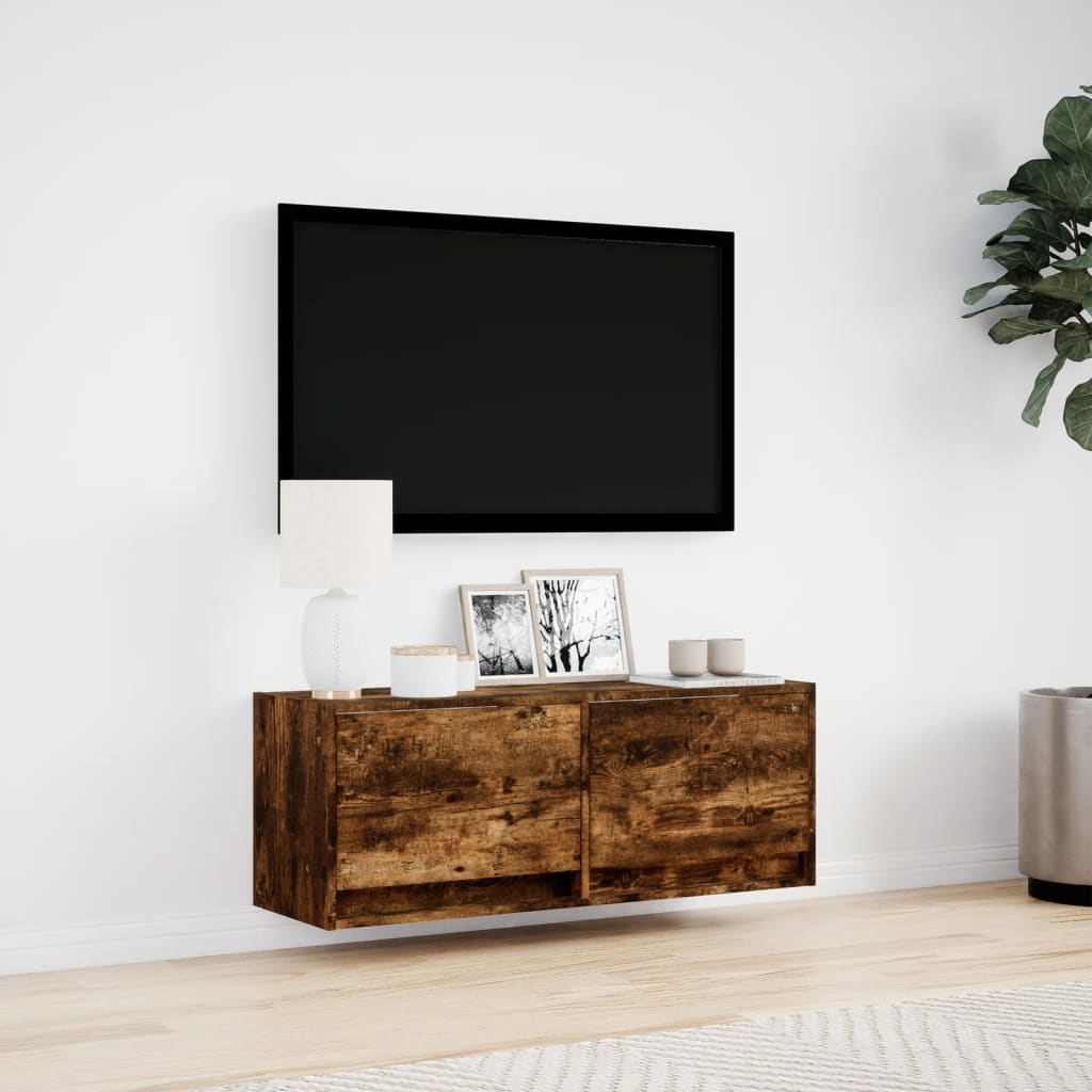 Tv-wandmeubel met LED-verlichting 100x31x35 cm gerookt eiken is nu te koop bij PeponiXL, paradijselijk wonen!