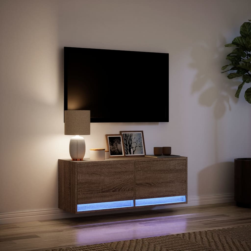 Tv-wandmeubel met LED-verlichting 100x31x35 cm bruin eikenkleur is nu te koop bij PeponiXL, paradijselijk wonen!