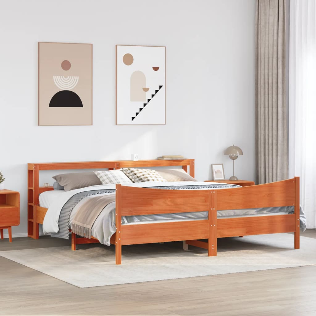 Bedframe met hoofdbord massief grenenhout wasbruin 200x200 cm is nu te koop bij PeponiXL, paradijselijk wonen!