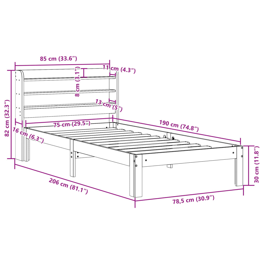 Bedframe met hoofdbord massief grenenhout wit 75x190 cm is nu te koop bij PeponiXL, paradijselijk wonen!