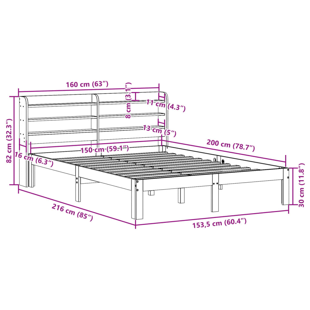 Bedframe met hoofdbord massief grenenhout 150x200 cm