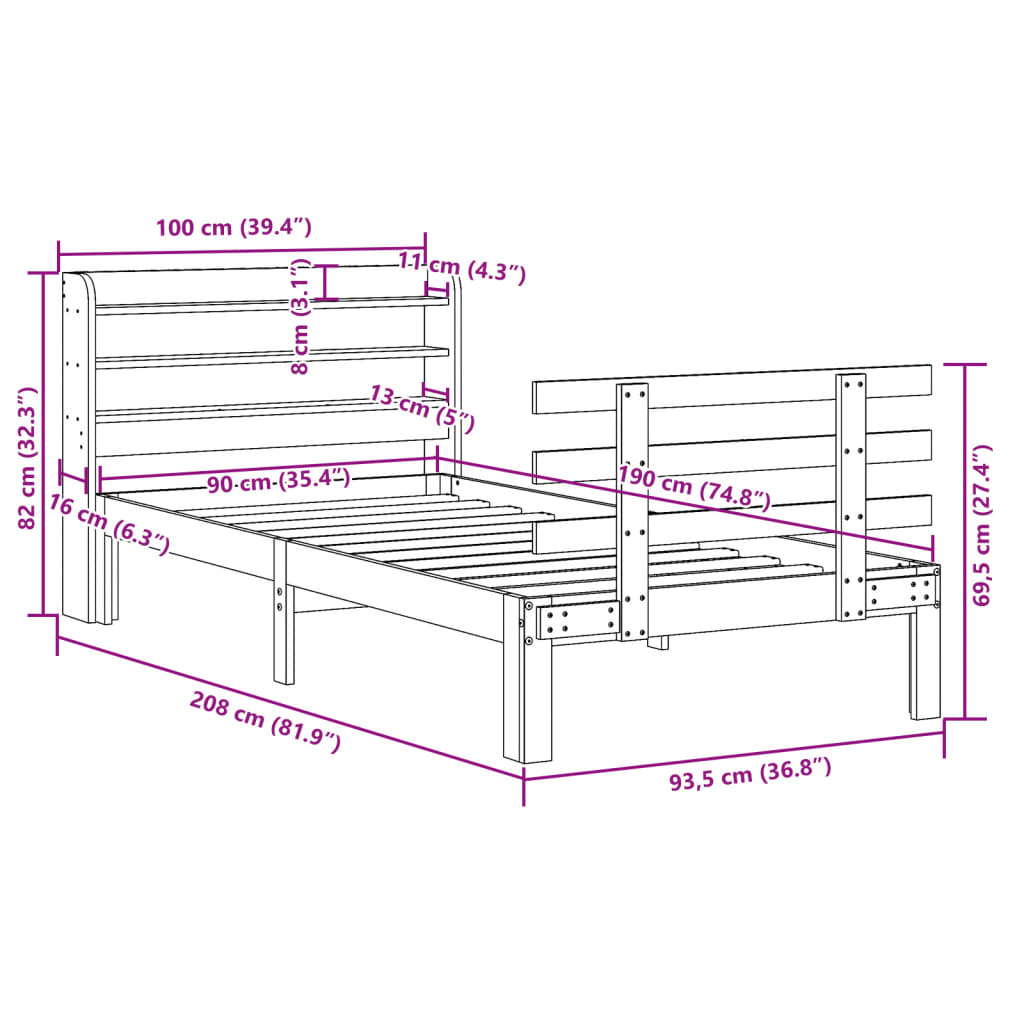 Bedframe met hoofdbord massief grenenhout 90x190 cm is nu te koop bij PeponiXL, paradijselijk wonen!