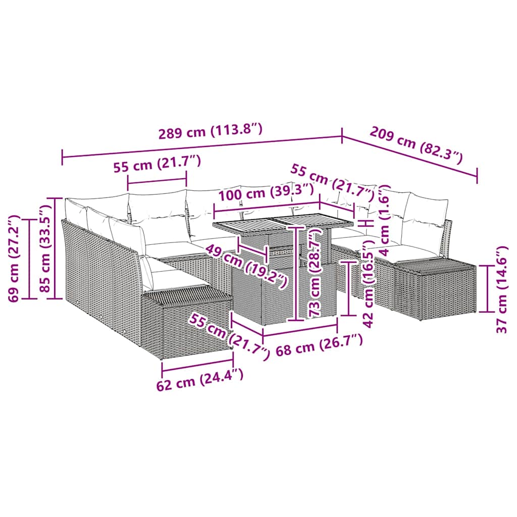 Tuin Eetset met kussen 10 pcs Grijs en Bruin is nu te koop bij PeponiXL, paradijselijk wonen!