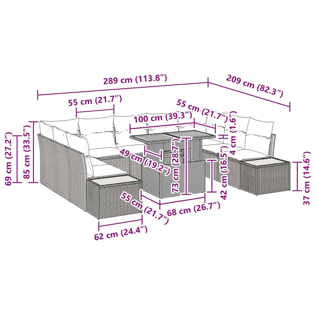 Tuin Eetset met kussen 10 pcs Grijs en Bruin is nu te koop bij PeponiXL, paradijselijk wonen!