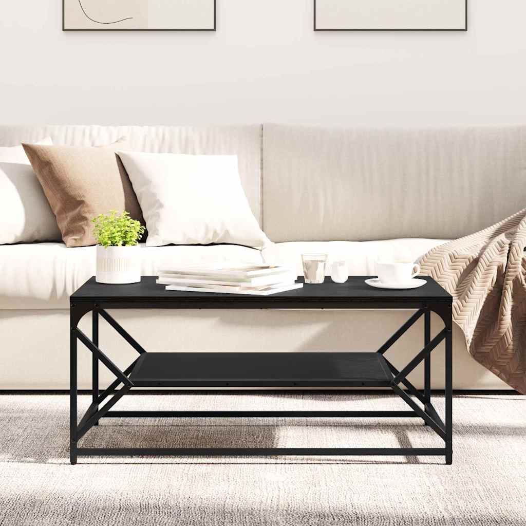 Salontafel Zwart Eiken 90 x 50 x 40 cm Engineered hout en staal is nu te koop bij PeponiXL, paradijselijk wonen!