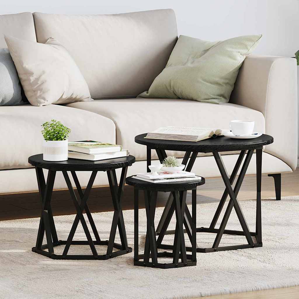Nestbare Bijzettafel 3 pcs Zwart Eiken Engineered hout en staal is nu te koop bij PeponiXL, paradijselijk wonen!