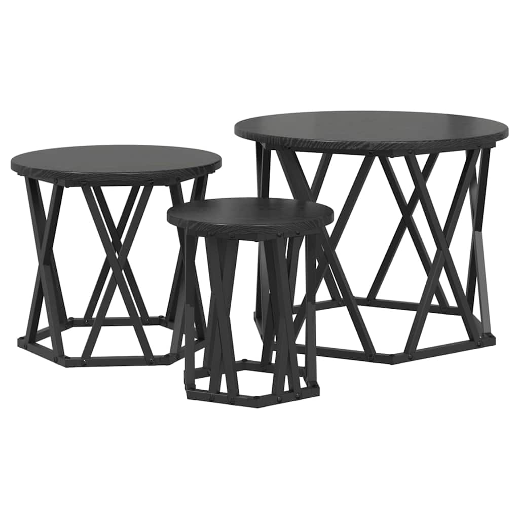 Nestbare Bijzettafel 3 pcs Zwart Eiken Engineered hout en staal is nu te koop bij PeponiXL, paradijselijk wonen!