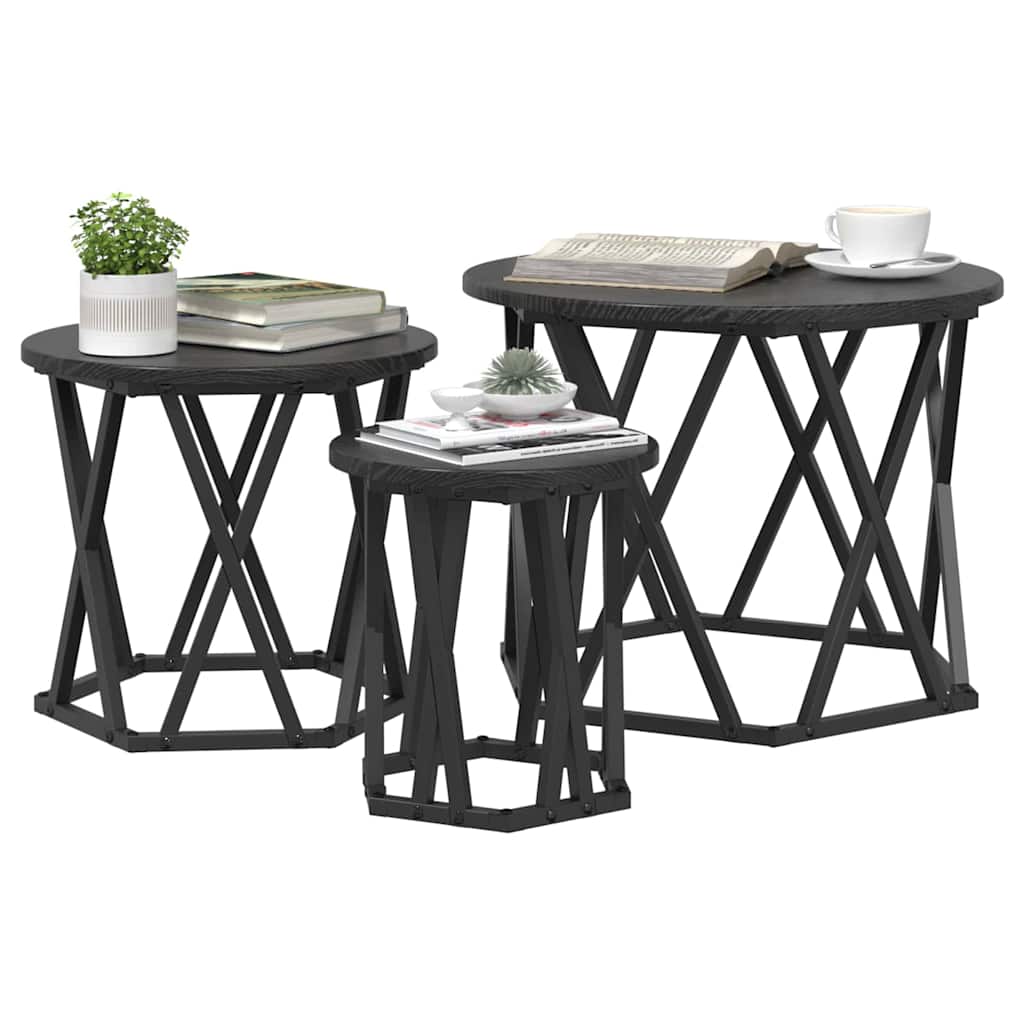 Nestbare Bijzettafel 3 pcs Zwart Eiken Engineered hout en staal is nu te koop bij PeponiXL, paradijselijk wonen!