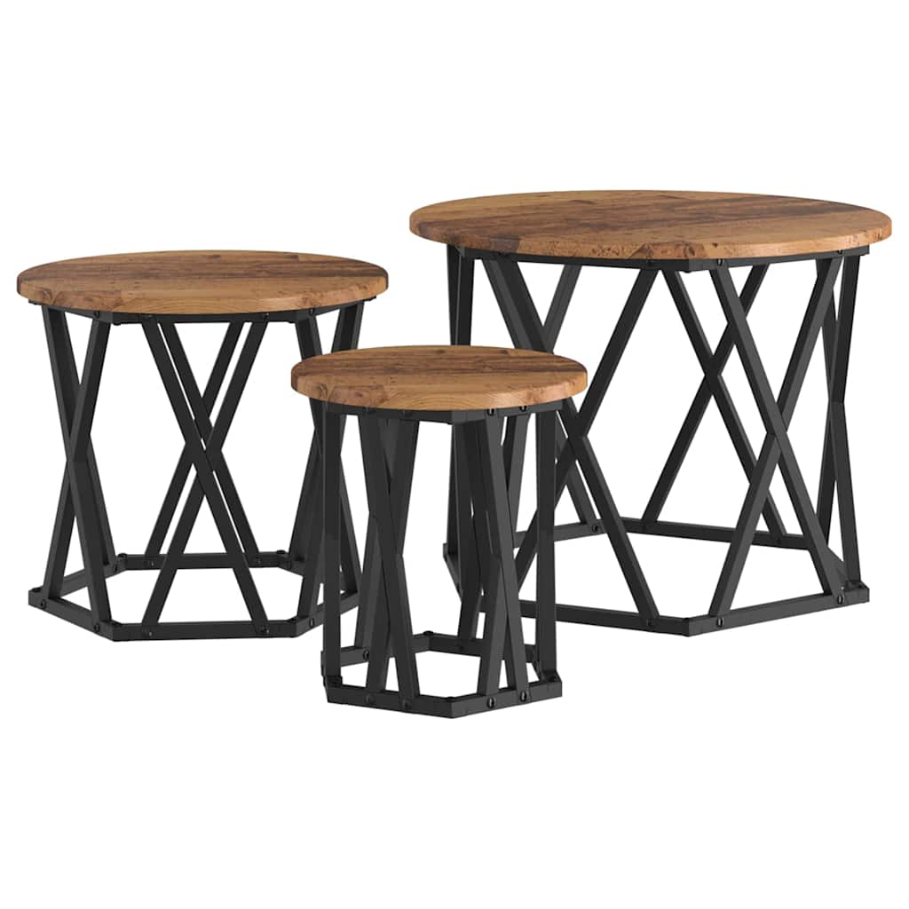 Nestbare Bijzettafel 3 pcs Oud Hout Engineered hout en staal is nu te koop bij PeponiXL, paradijselijk wonen!