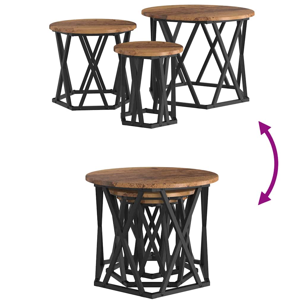 Nestbare Bijzettafel 3 pcs Oud Hout Engineered hout en staal is nu te koop bij PeponiXL, paradijselijk wonen!