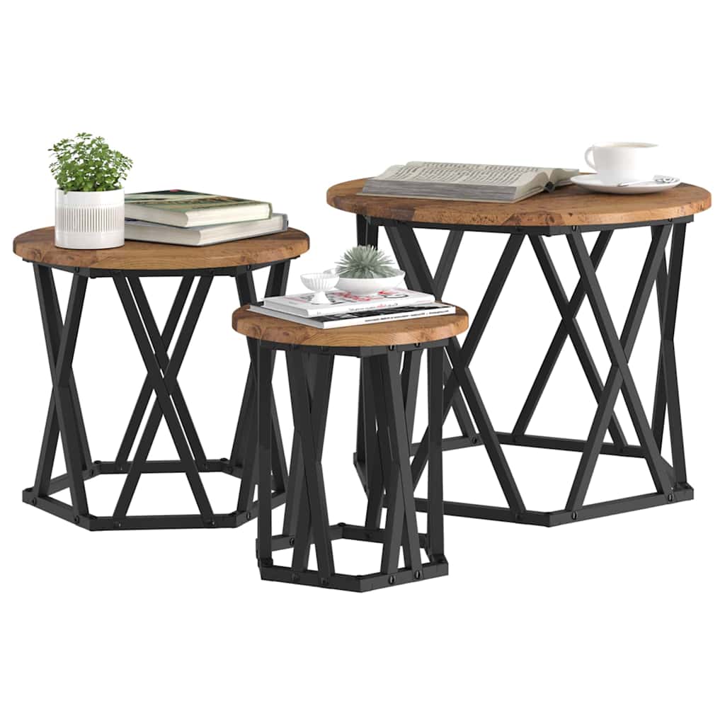 Nestbare Bijzettafel 3 pcs Oud Hout Engineered hout en staal is nu te koop bij PeponiXL, paradijselijk wonen!