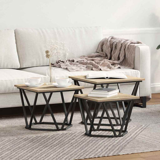 Salontafel 3 pcs Sonoma Eiken Engineered hout en staal is nu te koop bij PeponiXL, paradijselijk wonen!