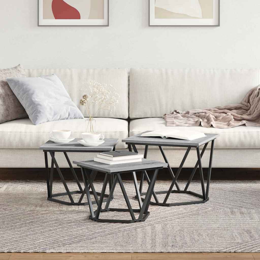 Salontafel 3 pcs Grijs Sonoma Engineered hout en staal is nu te koop bij PeponiXL, paradijselijk wonen!