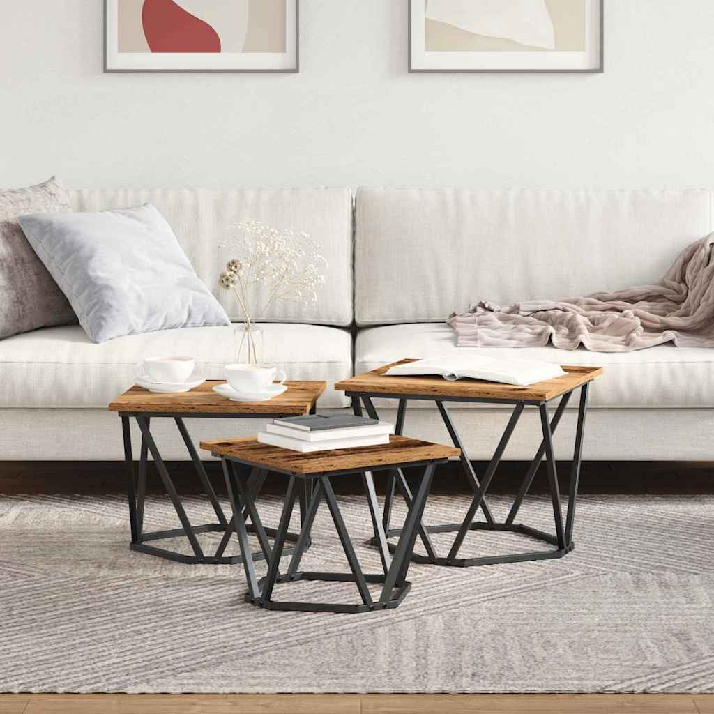 Salontafel 3 pcs Oud Hout Engineered hout en staal is nu te koop bij PeponiXL, paradijselijk wonen!