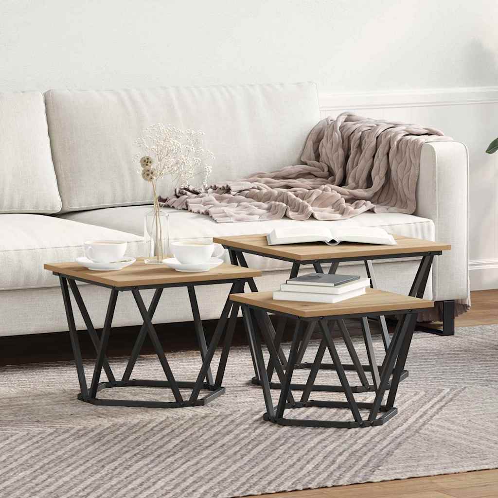 Salontafel 3 pcs Artisan Eiken Engineered hout en staal is nu te koop bij PeponiXL, paradijselijk wonen!