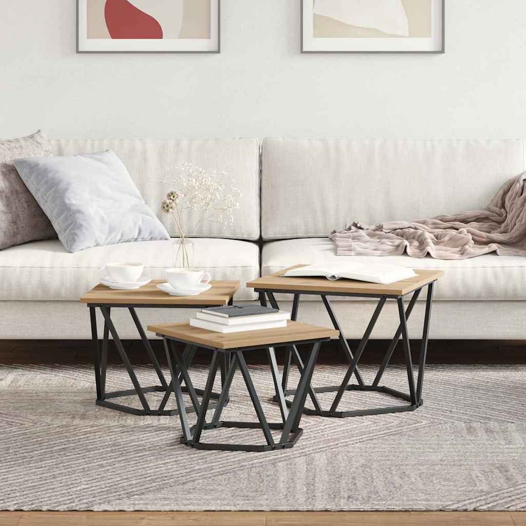 Salontafel 3 pcs Artisan Eiken Engineered hout en staal is nu te koop bij PeponiXL, paradijselijk wonen!