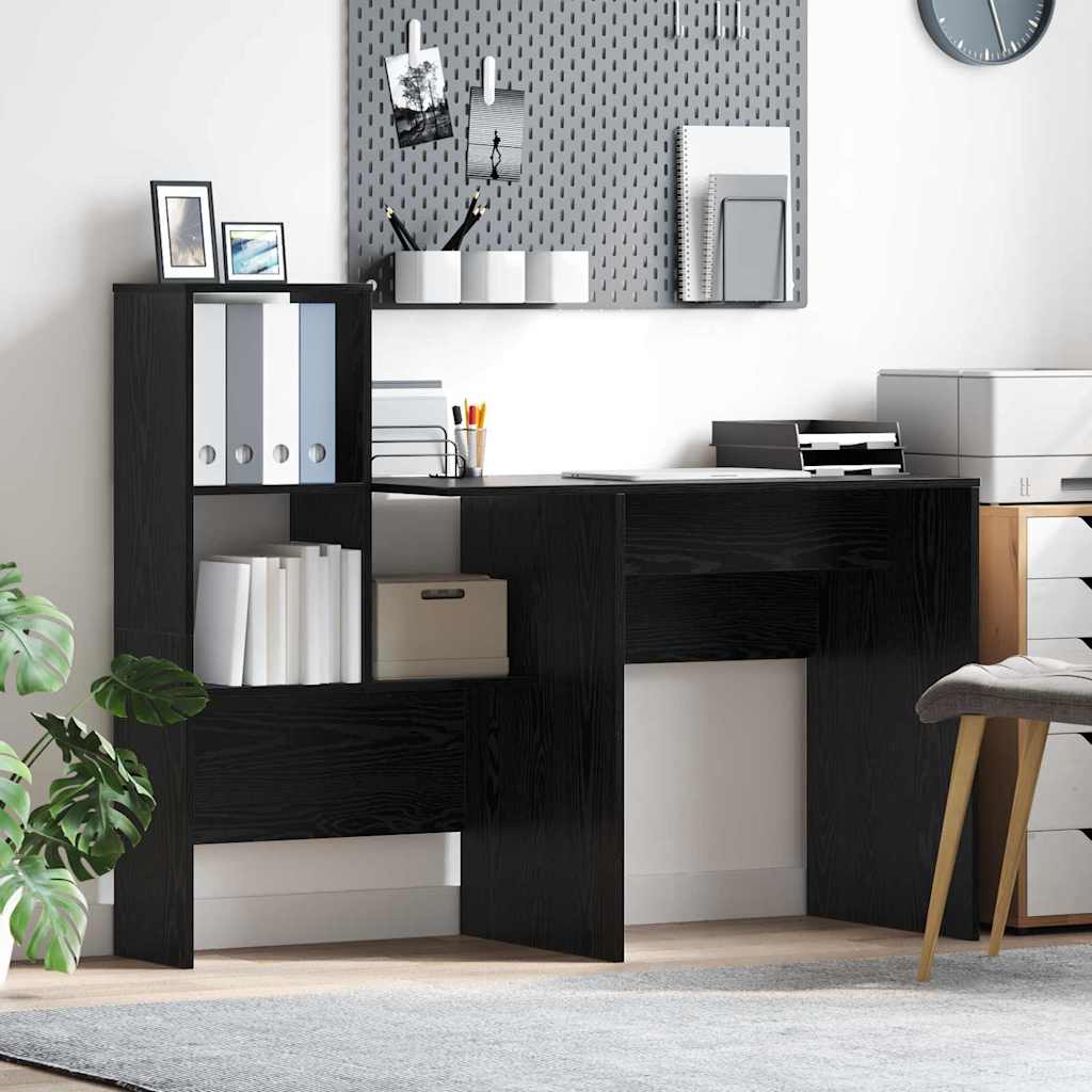 Bureau met plank Zwart Eiken 131,5 x 50 x 106,5 cm Bewerkt hout is nu te koop bij PeponiXL, paradijselijk wonen!