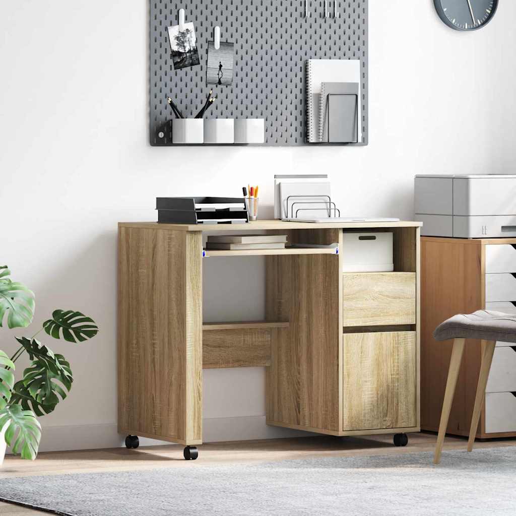 Bureau met Wielen Sonoma Eiken 91 x 50 x 77 cm Bewerkt hout is nu te koop bij PeponiXL, paradijselijk wonen!