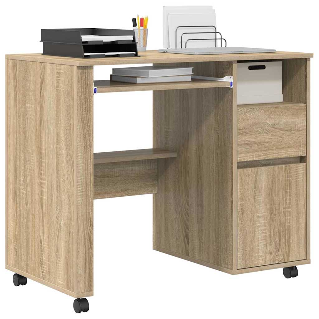 Bureau met Wielen Sonoma Eiken 91 x 50 x 77 cm Bewerkt hout is nu te koop bij PeponiXL, paradijselijk wonen!