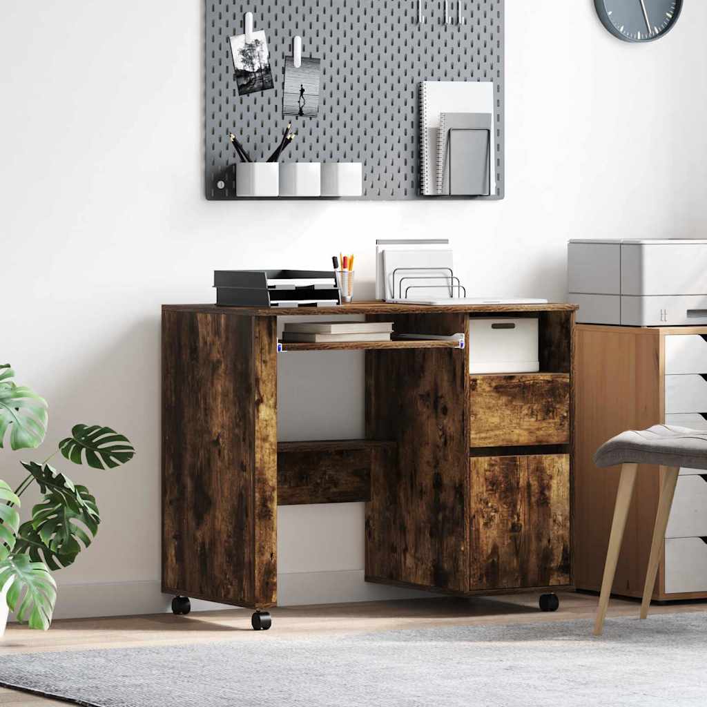 Bureau met Wielen Gerookt eiken 91 x 50 x 77 cm Bewerkt hout is nu te koop bij PeponiXL, paradijselijk wonen!