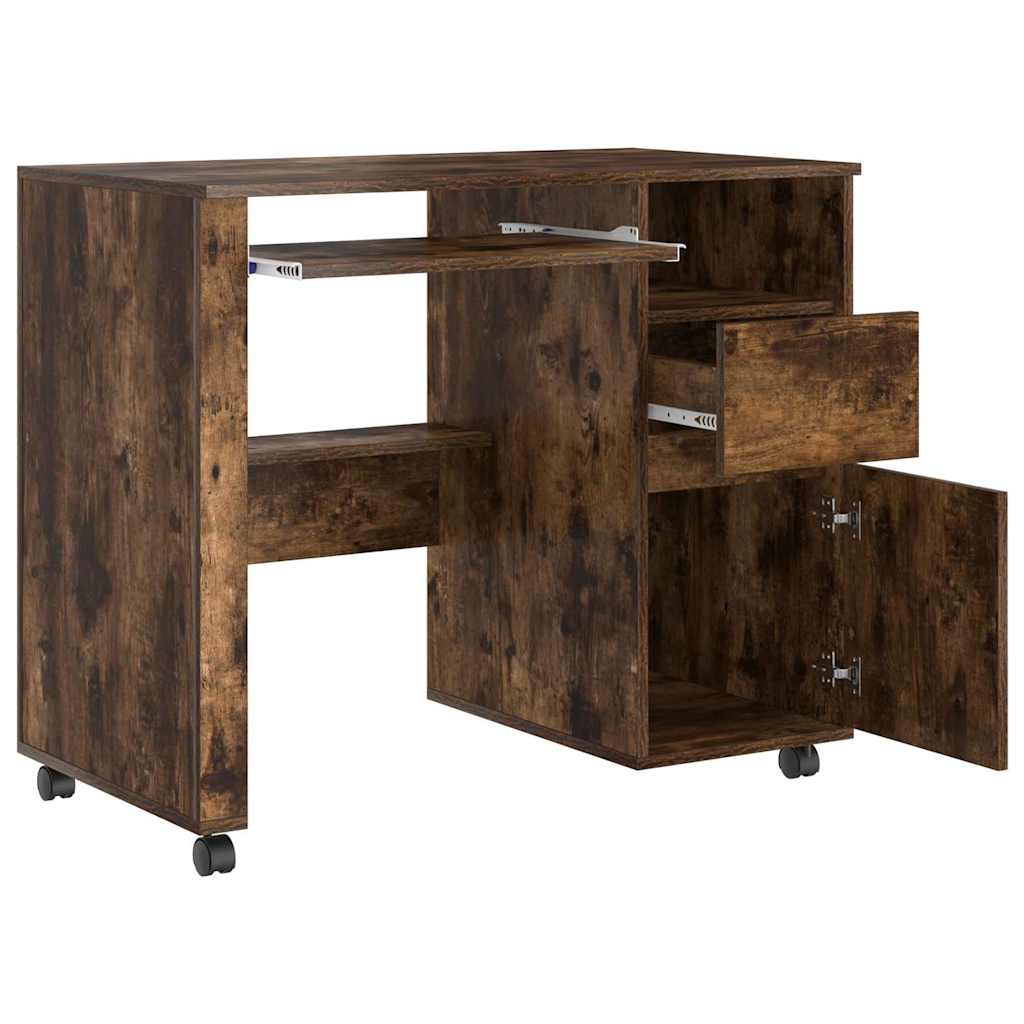 Bureau met Wielen Gerookt eiken 91 x 50 x 77 cm Bewerkt hout is nu te koop bij PeponiXL, paradijselijk wonen!