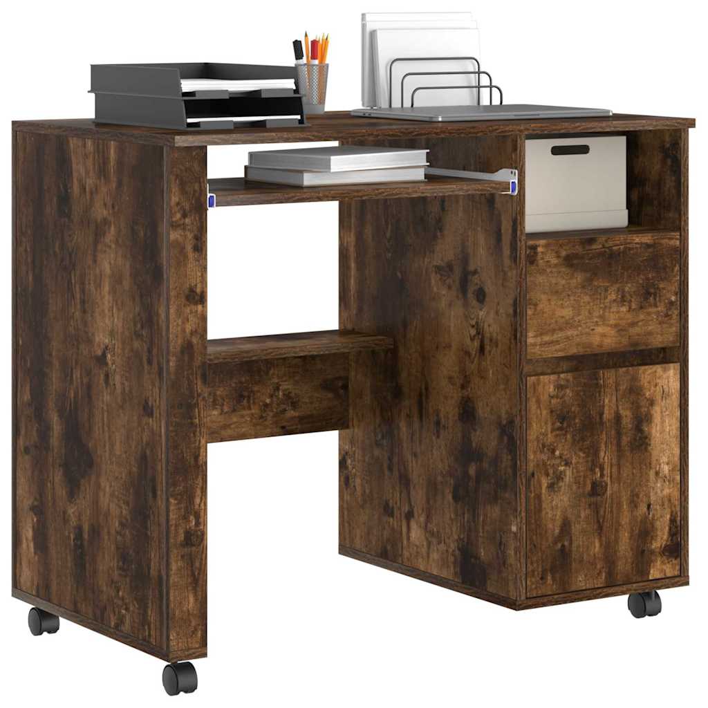 Bureau met Wielen Gerookt eiken 91 x 50 x 77 cm Bewerkt hout is nu te koop bij PeponiXL, paradijselijk wonen!