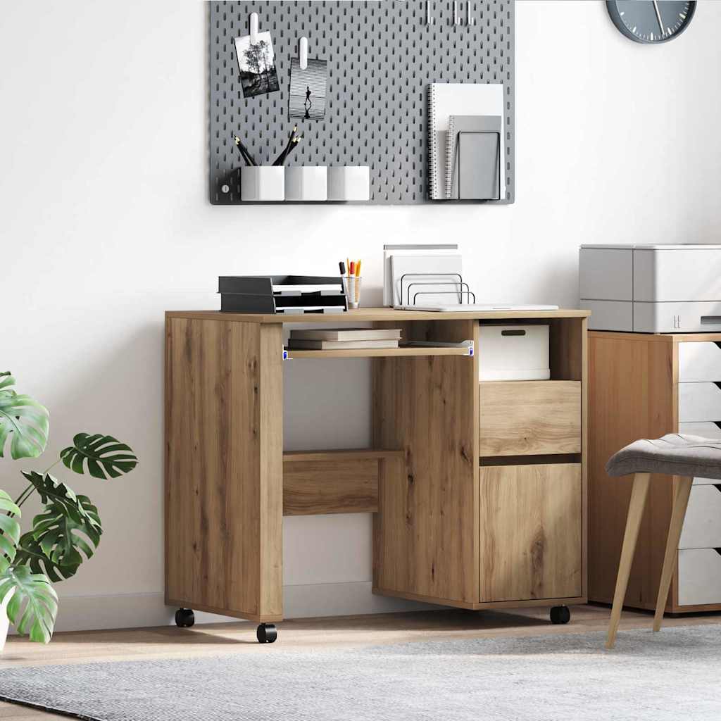 Bureau met Wielen Artisan Eiken 91 x 50 x 77 cm Bewerkt hout is nu te koop bij PeponiXL, paradijselijk wonen!