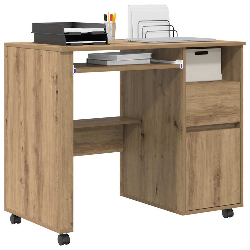 Bureau met Wielen Artisan Eiken 91 x 50 x 77 cm Bewerkt hout is nu te koop bij PeponiXL, paradijselijk wonen!