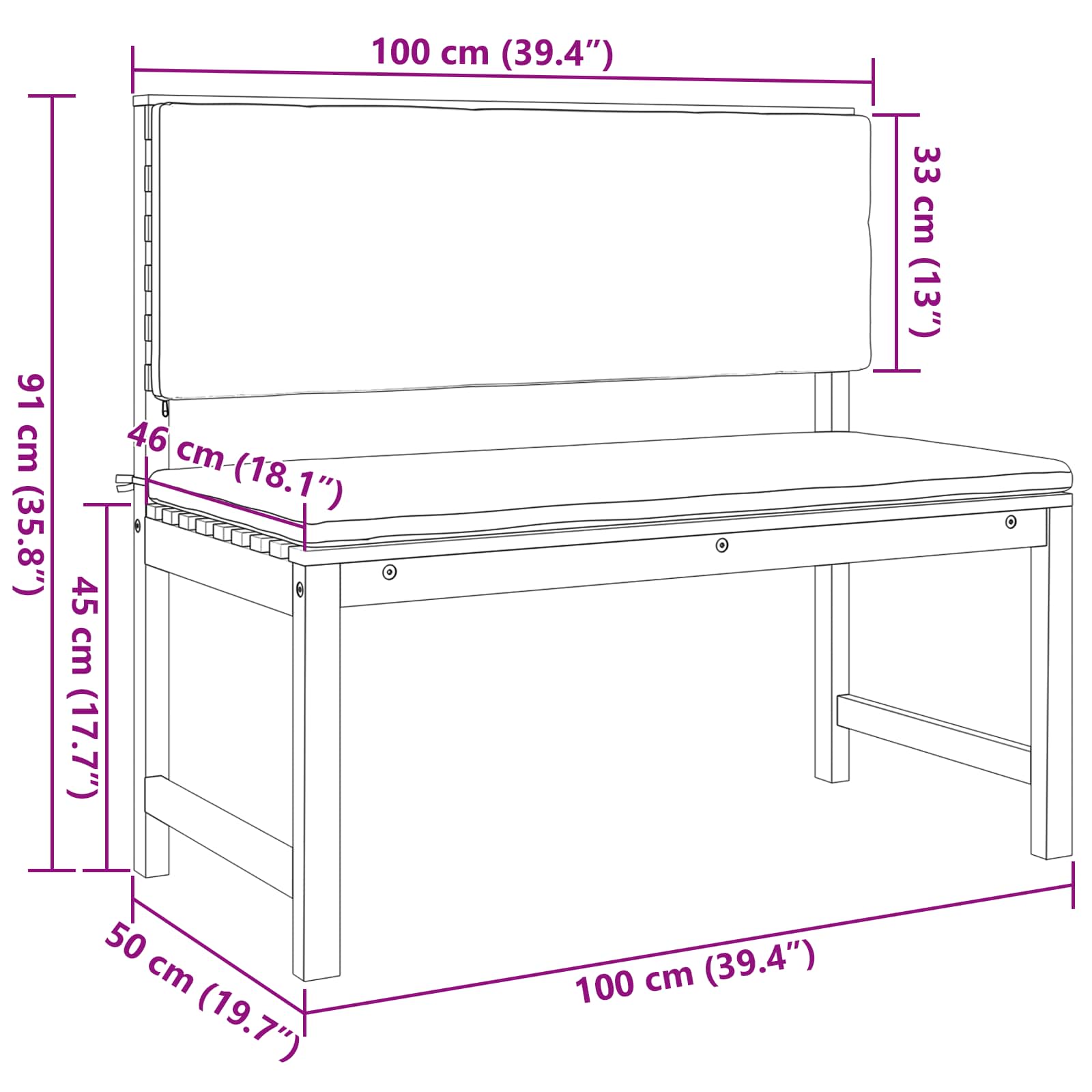 Tuinstoel met kussen Bruin 100 x 50 x 91cm Massief acaciahout is nu te koop bij PeponiXL, paradijselijk wonen!