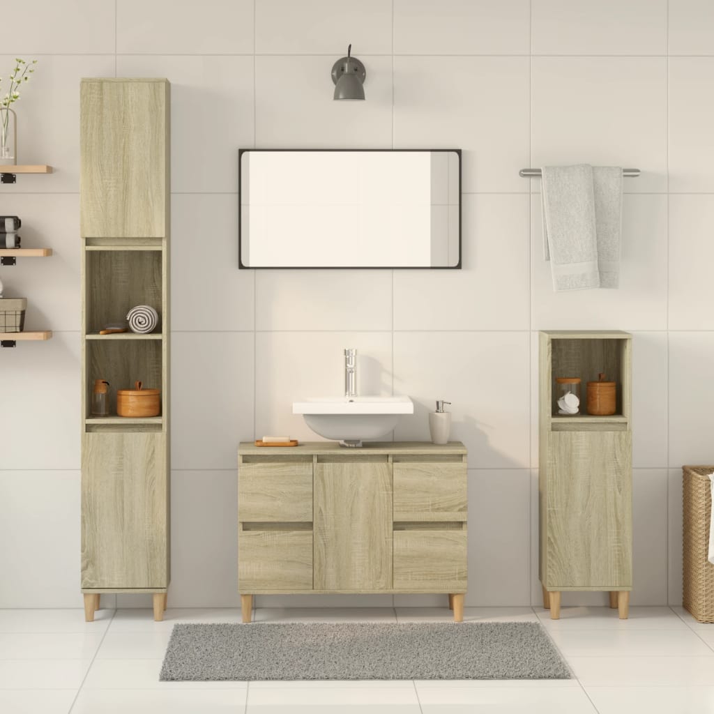 3-delige Badkamermeubelset bewerkt hout sonoma eikenkleurig is nu te koop bij PeponiXL, paradijselijk wonen!