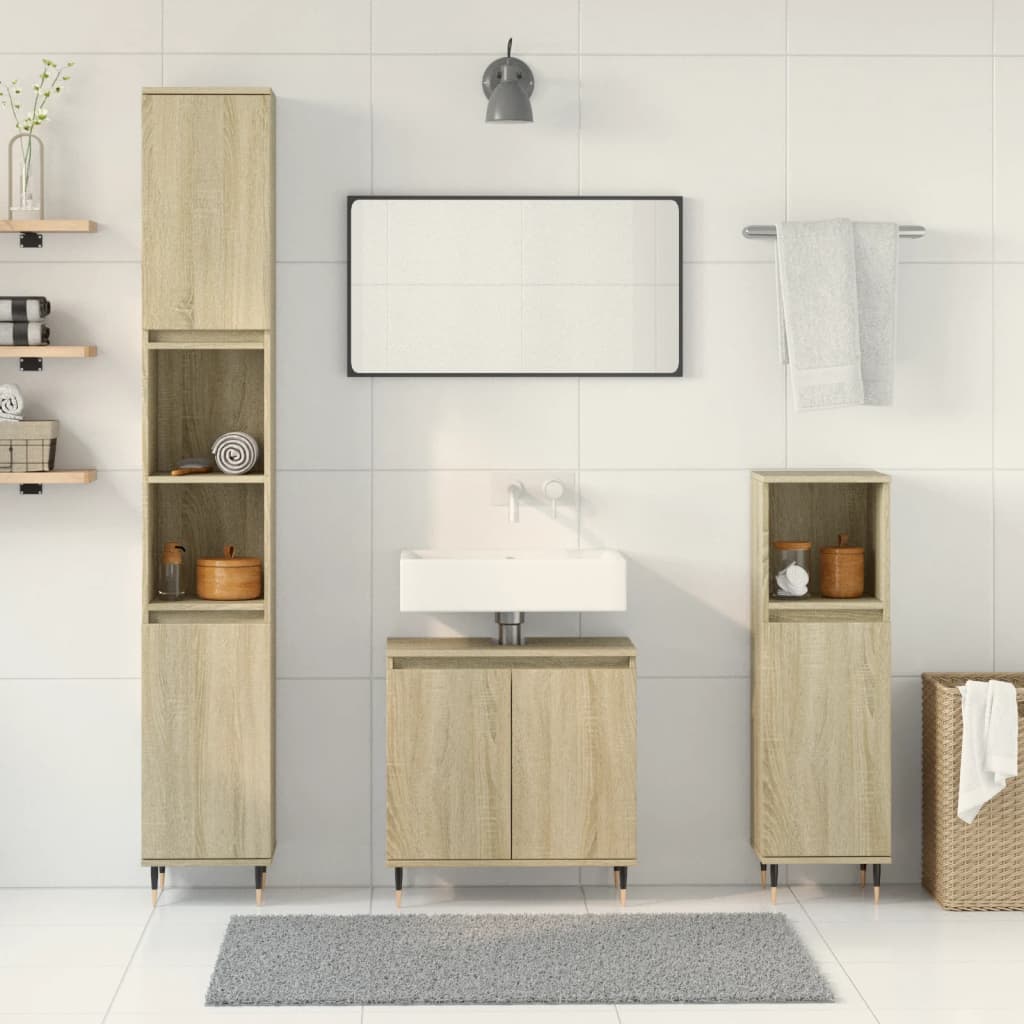 3-delige Badkamermeubelset bewerkt hout sonoma eikenkleurig is nu te koop bij PeponiXL, paradijselijk wonen!
