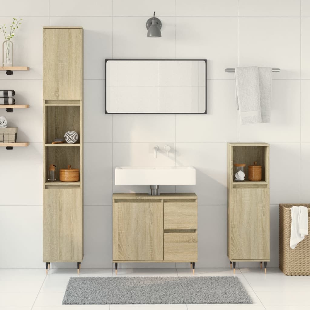 3-delige Badkamermeubelset bewerkt hout sonoma eikenkleurig is nu te koop bij PeponiXL, paradijselijk wonen!