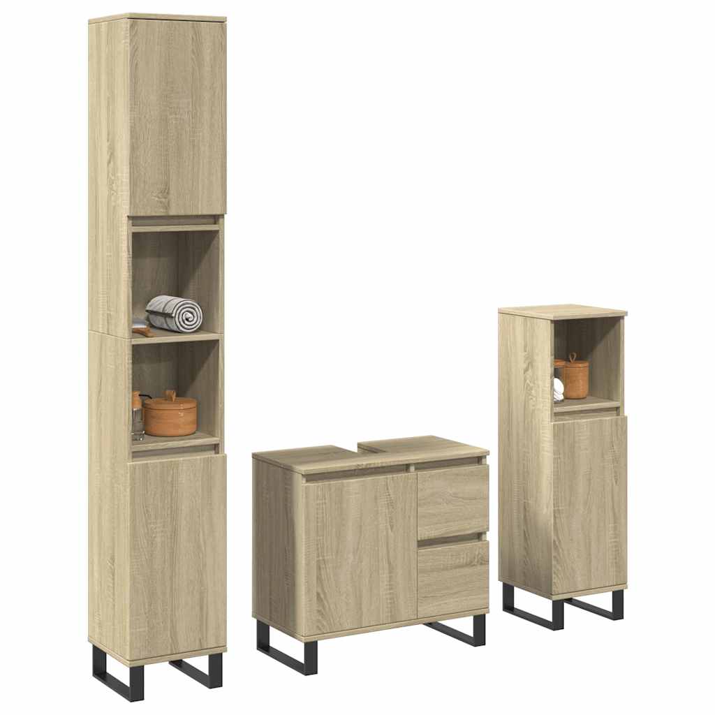 3-delige Badkamermeubelset bewerkt hout sonoma eikenkleurig is nu te koop bij PeponiXL, paradijselijk wonen!