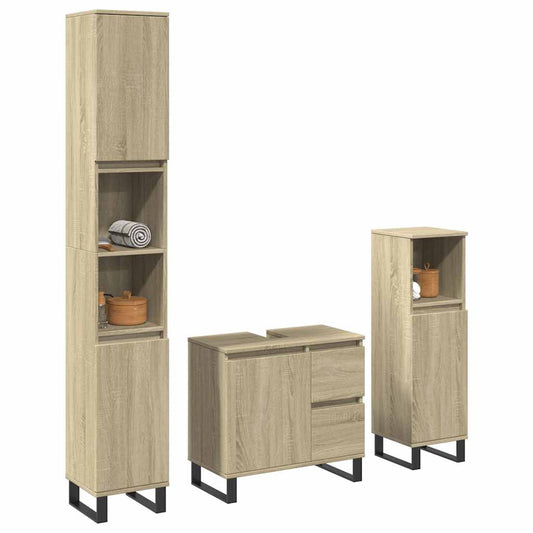 3-delige Badkamermeubelset bewerkt hout sonoma eikenkleurig is nu te koop bij PeponiXL, paradijselijk wonen!