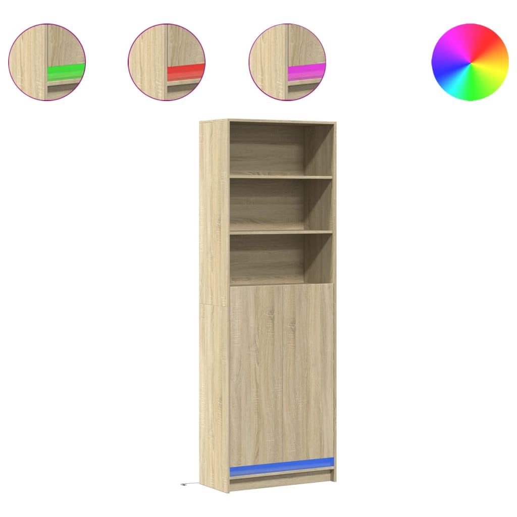 Hoge kast met LED 69x32,5x200 cm bewerkt hout sonoma eikenkleur is nu te koop bij PeponiXL, paradijselijk wonen!