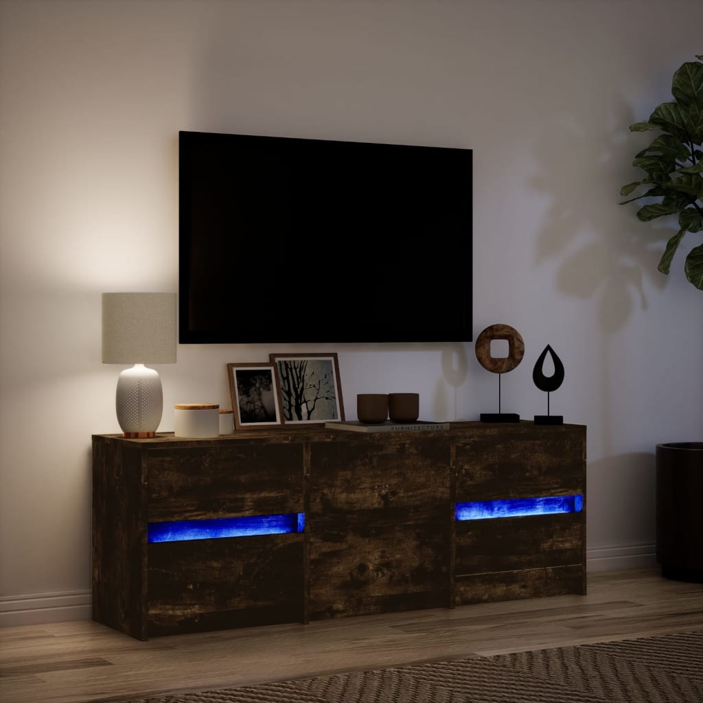 Tv-meubel met LED 140x34x50 cm bewerkt hout gerookt eikenkleur is nu te koop bij PeponiXL, paradijselijk wonen!