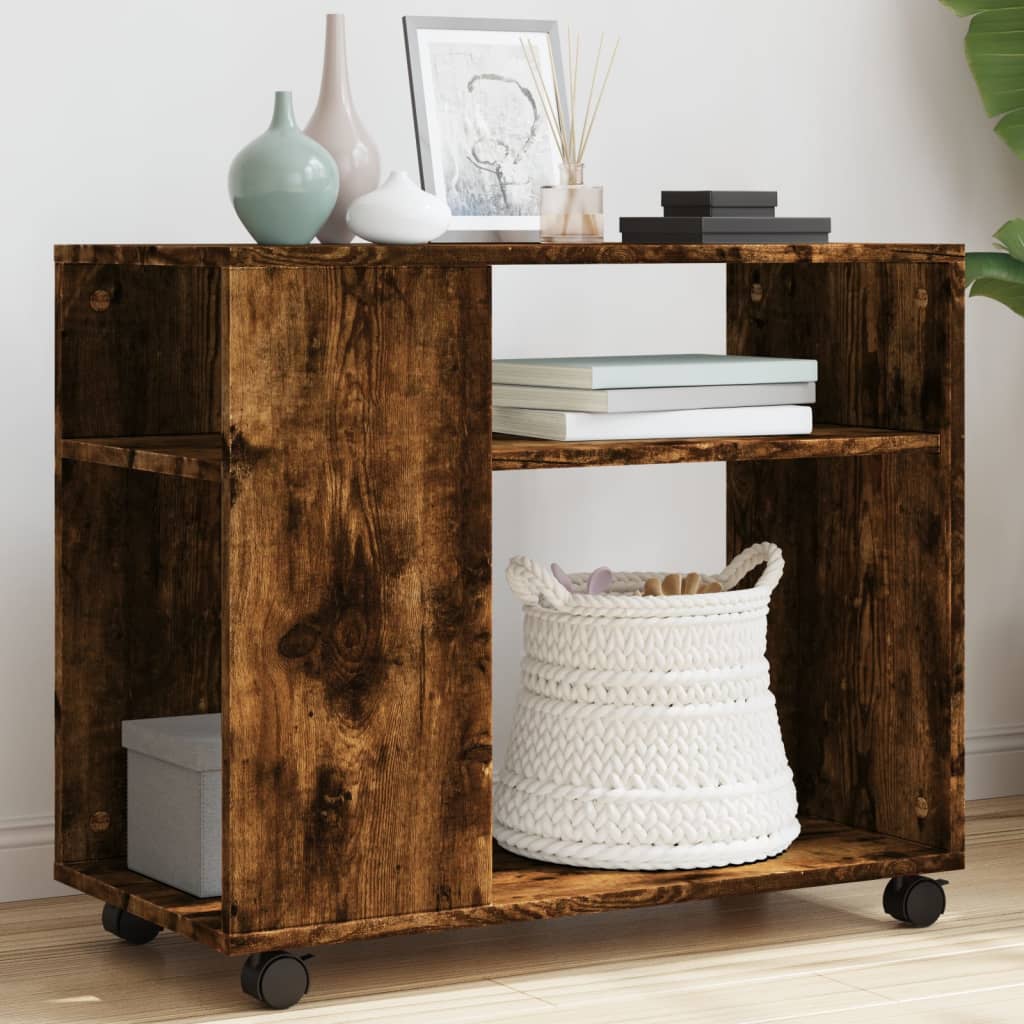Bijzettafel met wieltjes 70x35x60 cm hout gerookt eikenkleurig is nu te koop bij PeponiXL, paradijselijk wonen!