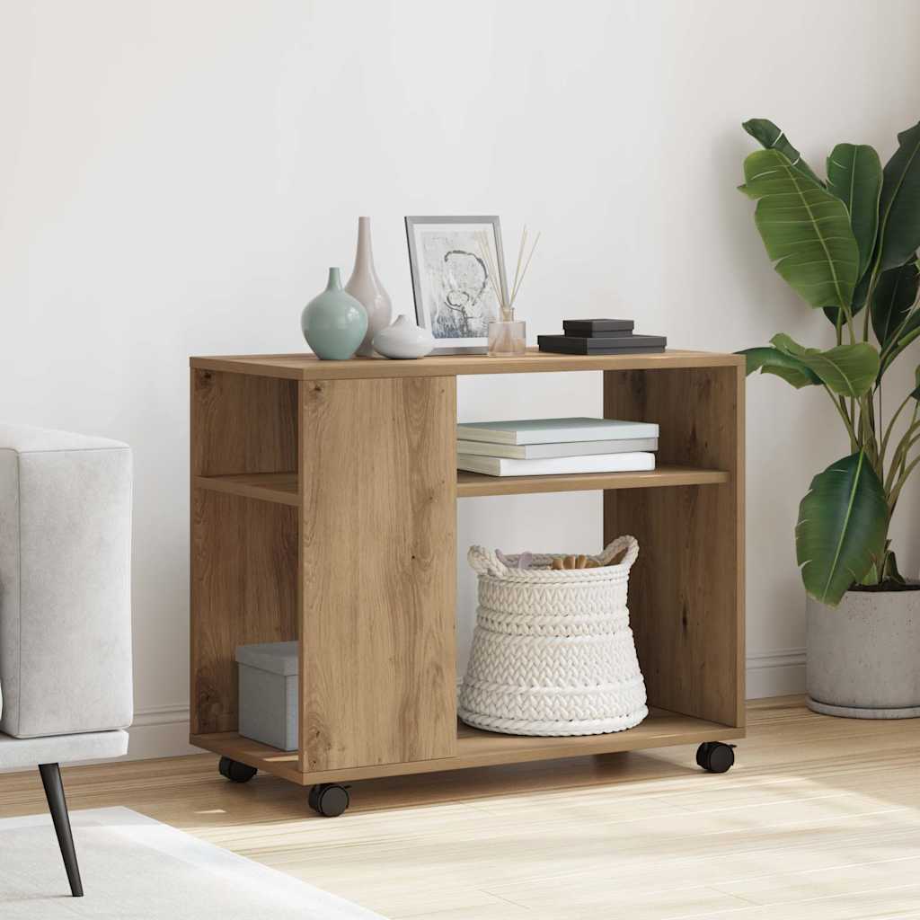 Bijzettafel met wieltjes 70x35x60 cm hout artisanaal eikenkleur is nu te koop bij PeponiXL, paradijselijk wonen!
