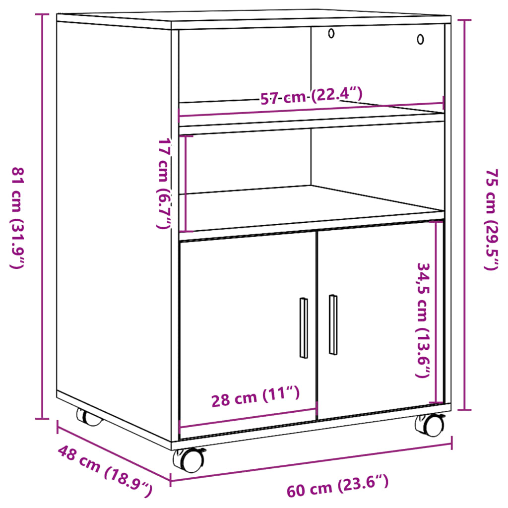 Rolkast 60x48x81 cm bewerkt hout bruin eikenkleur is nu te koop bij PeponiXL, paradijselijk wonen!