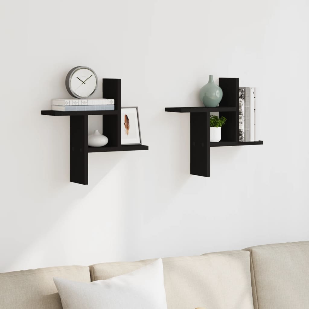 Wandschappen 2 st 38x12x38 cm bewerkt hout zwart is nu te koop bij PeponiXL, paradijselijk wonen!