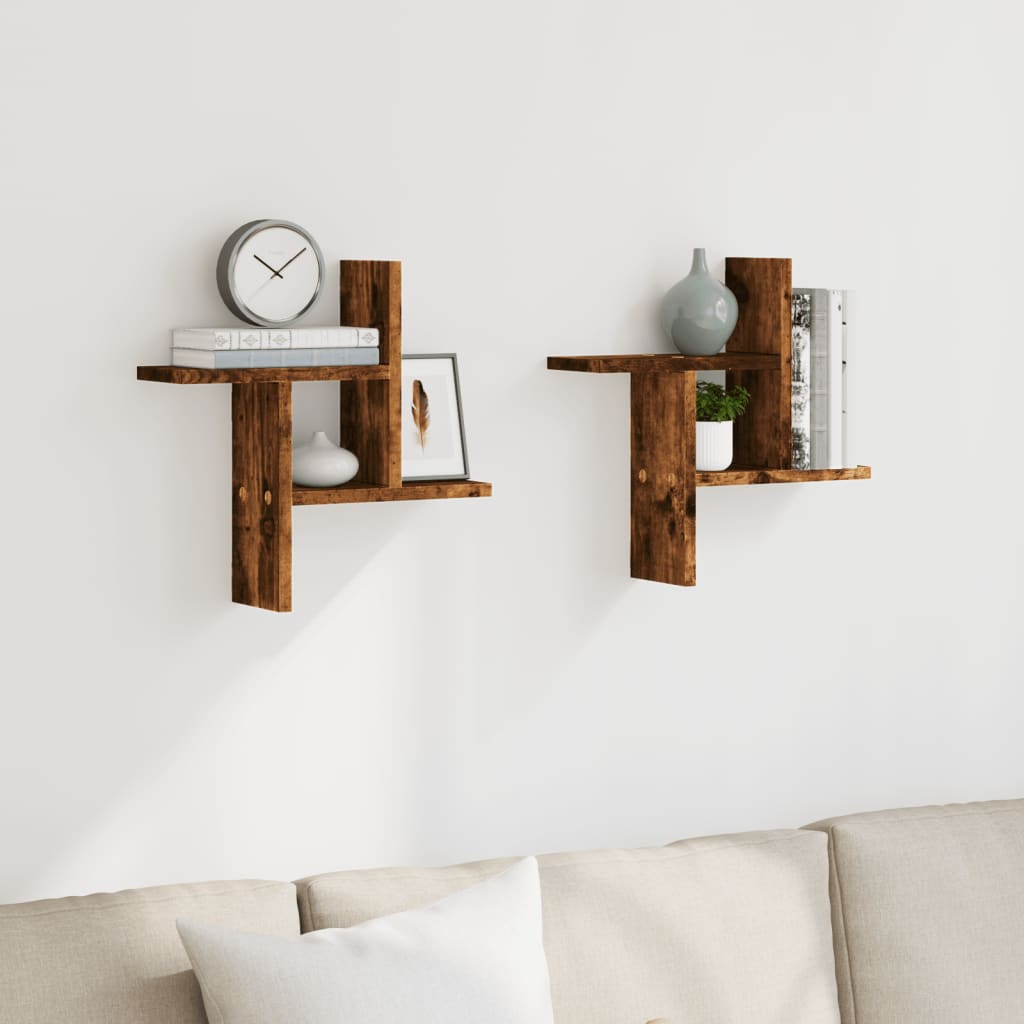 Wandschappen 2 st 38x12x38 cm bewerkt hout gerookt eikenkleurig is nu te koop bij PeponiXL, paradijselijk wonen!