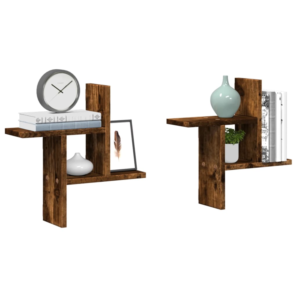 Wandschappen 2 st 38x12x38 cm bewerkt hout gerookt eikenkleurig is nu te koop bij PeponiXL, paradijselijk wonen!