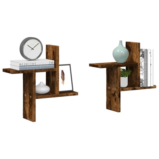 Wandschappen 2 st 38x12x38 cm bewerkt hout gerookt eikenkleurig is nu te koop bij PeponiXL, paradijselijk wonen!