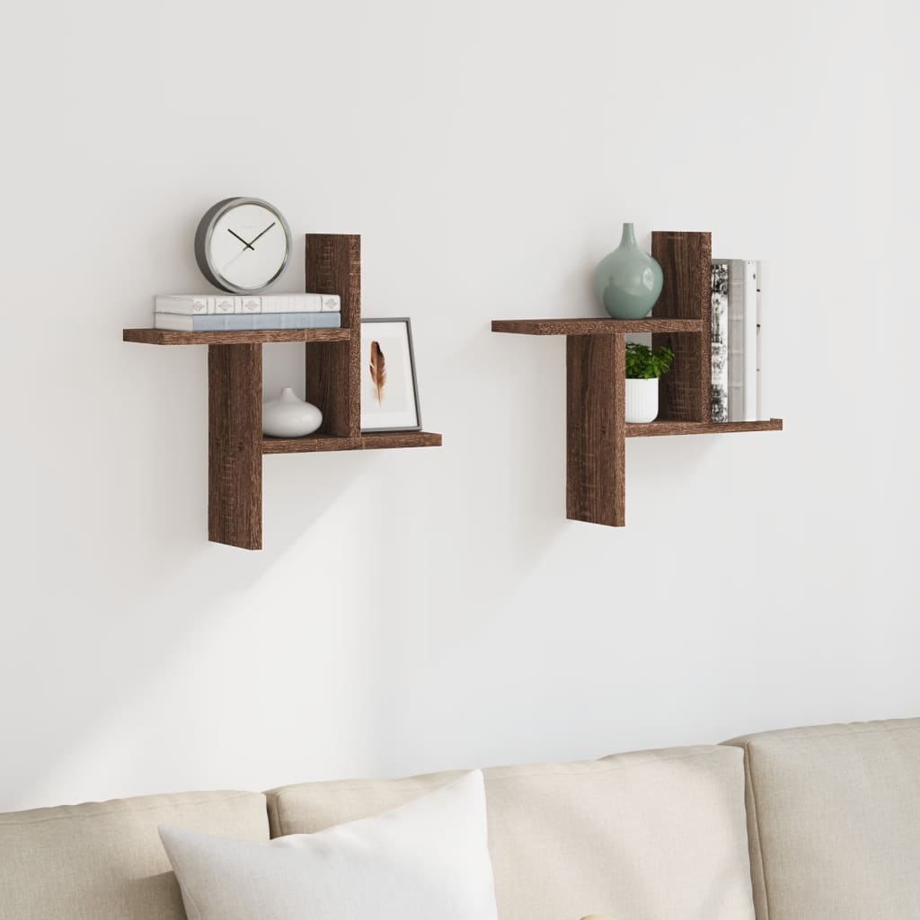 Wandschappen 2 st 38x12x38 cm bewerkt hout bruin eikenkleurig is nu te koop bij PeponiXL, paradijselijk wonen!